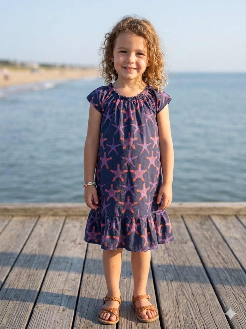 Vilebrequin Girls Navy Blue Starfish Print Cotton Voile Frill Dress